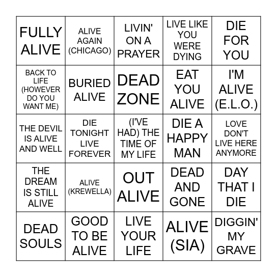DEAD OR ALIVE Bingo Card