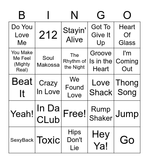 Songs to Dance to Bingo Card