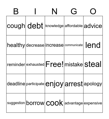 Vocabulary Bingo Card