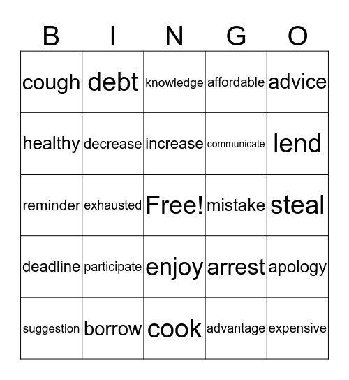 Vocabulary Bingo Card