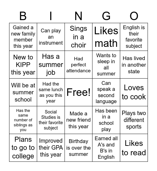 Class Bingo Card