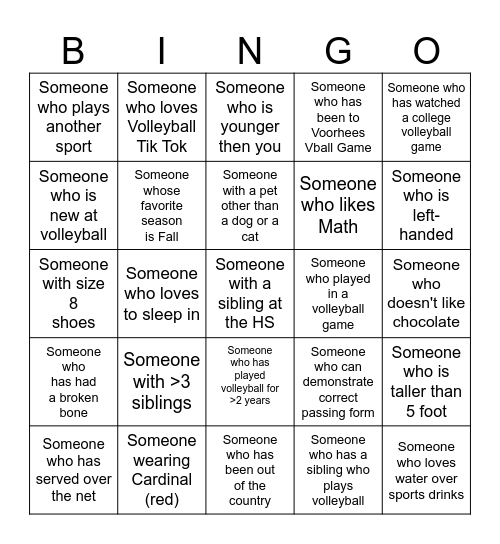 Volleyball Bingo Card