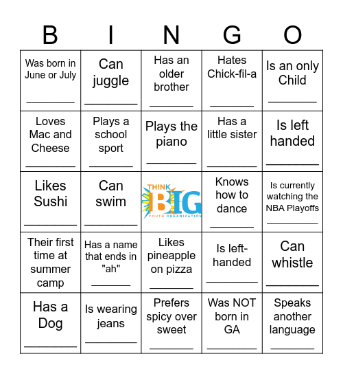 THINK BIG HUMAN BINGO Card