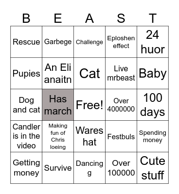 Mrbeast bingo Card