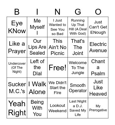 80's Hits Bingo Card