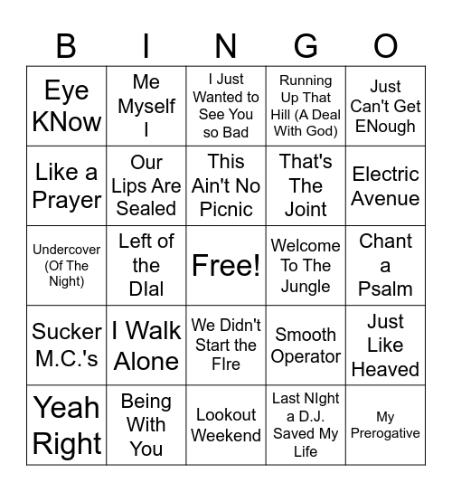 80's Hits Bingo Card