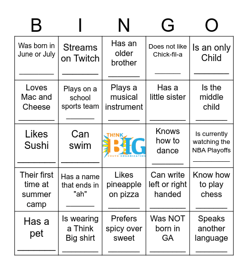 THINK BIG HUMAN BINGO Card