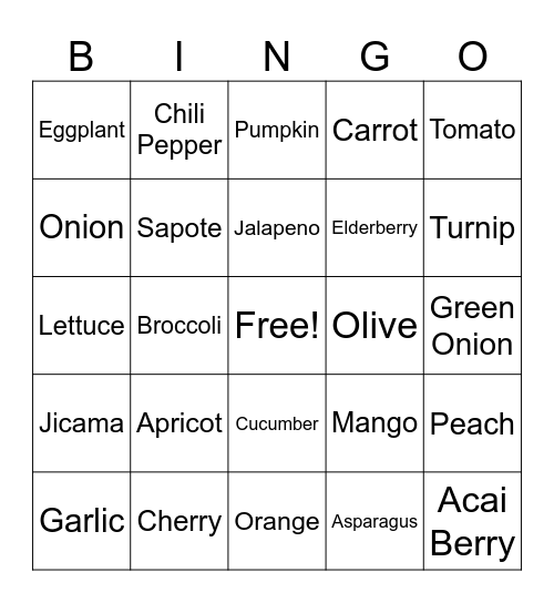 Fruits and Vegetables Bingo Card