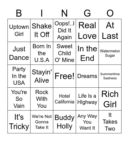 MM Greatest Hits Bingo #1 Bingo Card
