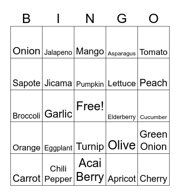 Fruits and Vegetables; A vs. An Bingo Card