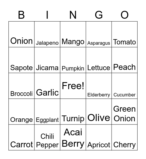Fruits and Vegetables; A vs. An Bingo Card