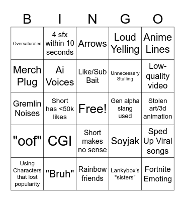 Lankybox Shorts Bingo Card