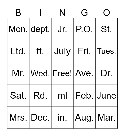 Abbreviation Bingo Card