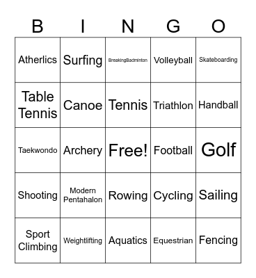 Olympic Bingo Card