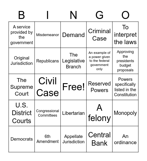 Civics & Econ Year-In-Review Bingo Card