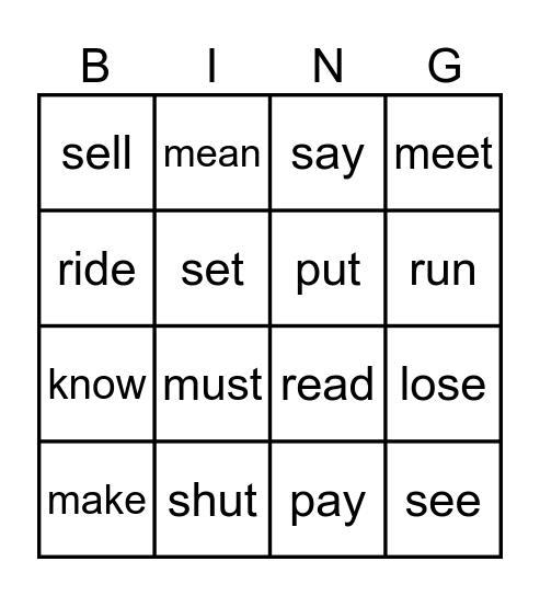 Irregular verbs lang hub elem Bingo Card