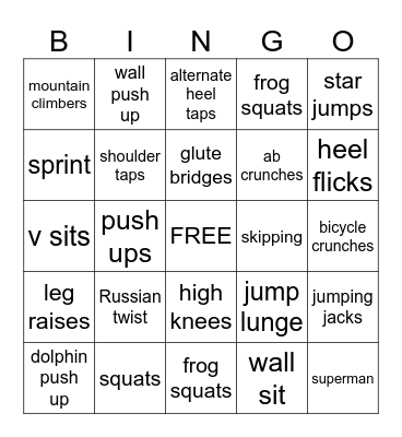 Fitness Bingo Card