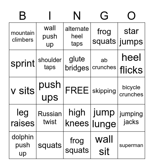 Fitness Bingo Card