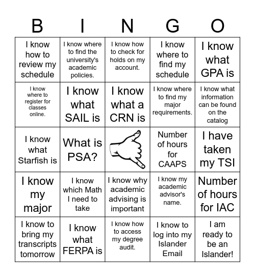 Academic Advising Bingo Card