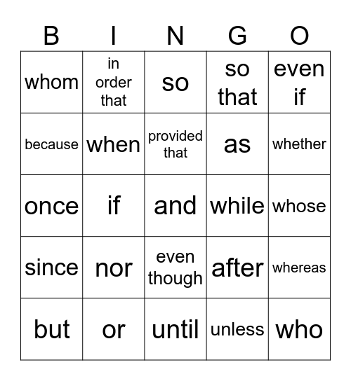 Conjunctions Bingo Card