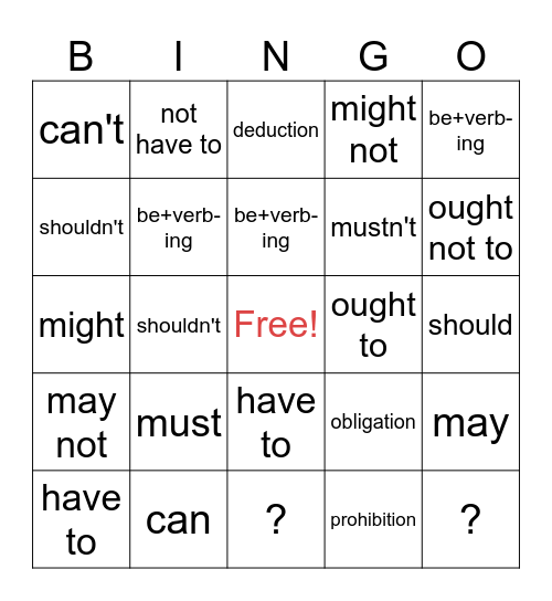 modals Bingo Card