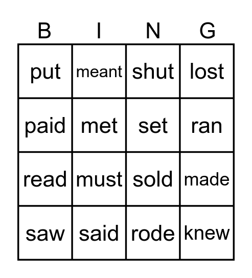 Irregular verbs Lang hub elem Bingo Card