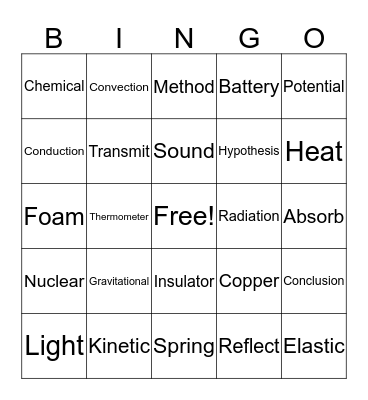 Yr8 Energy Bingo Card