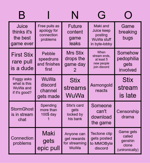 WuWa launch Bingo Card