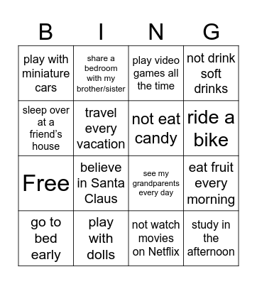 When I was 5 years old… Bingo Card