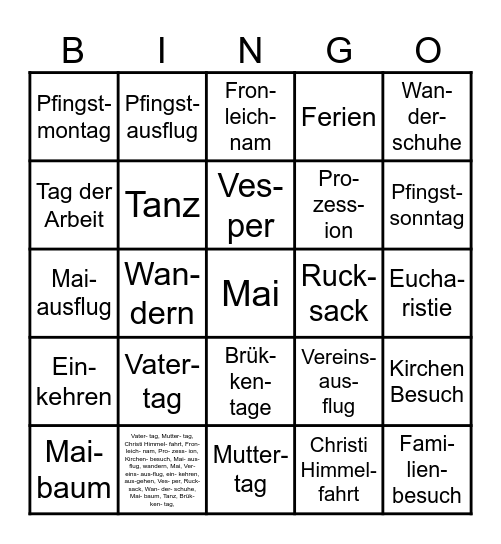 Feiertage etc.  im Mai 2024 Bingo Card
