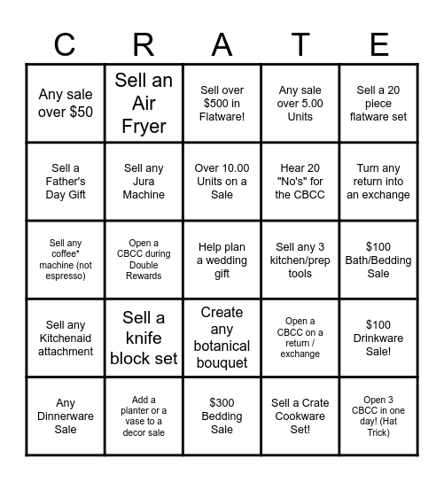 Crate and Barrel Double Rewards Bingo Card