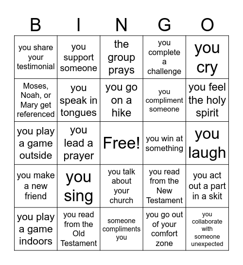 Church Camp Bingo Card Bingo Card