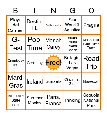 Summer Vacation Bingo Card