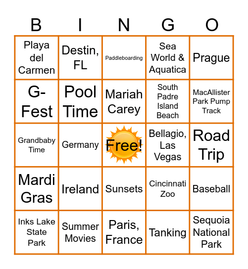 Summer Vacation Bingo Card