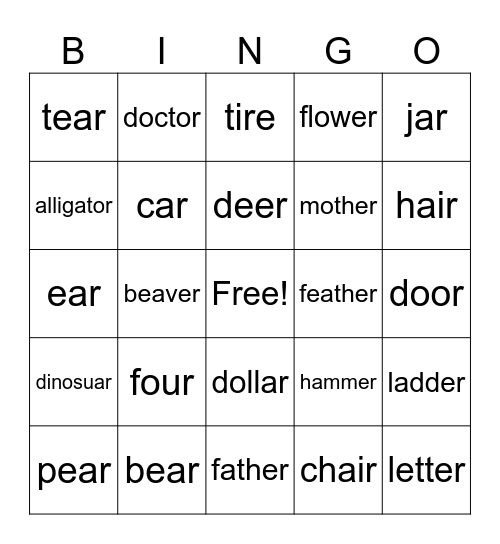 vocalic /r/ placement Bingo Card