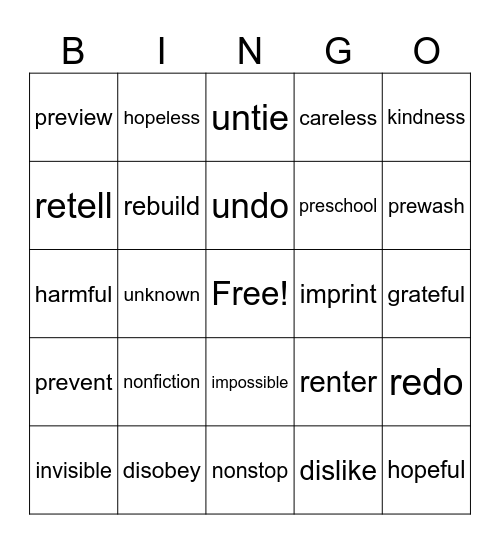 Prefix/Suffix Bingo Card