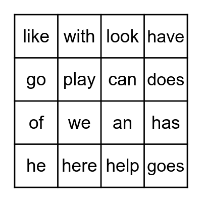 Sight Words Bingo Card