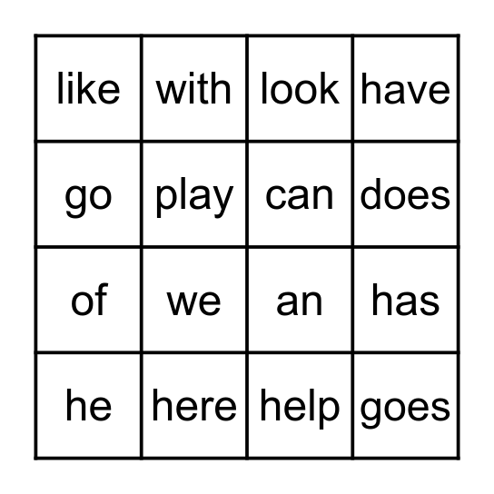 Sight Words Bingo Card