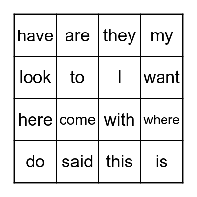 Sight Words Bingo Card