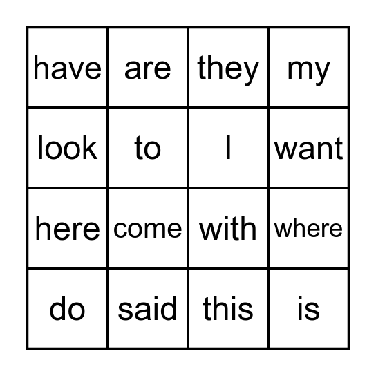 Sight Words Bingo Card