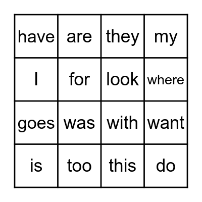 Sight Words Bingo Card