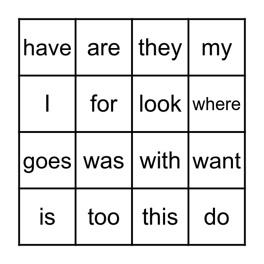 Sight Words Bingo Card