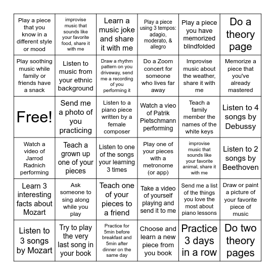 Summer Bingo Challenge - Beginner/Elementary Bingo Card