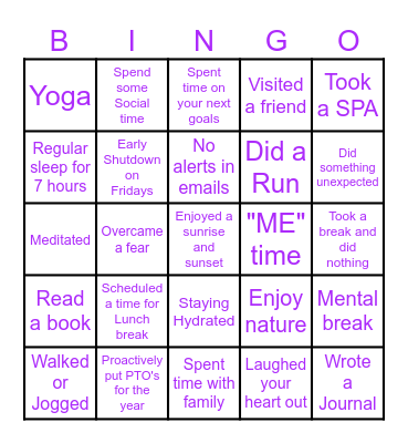 Well-Being Bingo Card