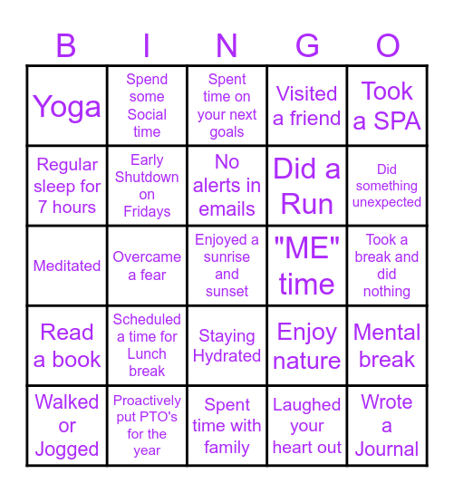 Well-Being Bingo Card