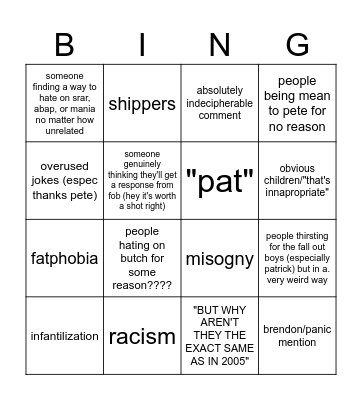 FOB comment section bingo! Bingo Card