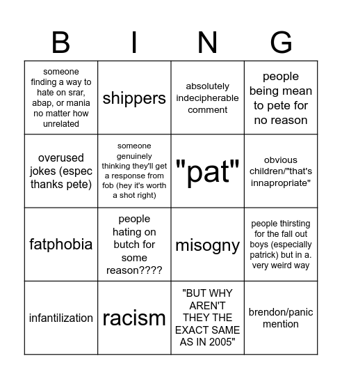 FOB comment section bingo! Bingo Card