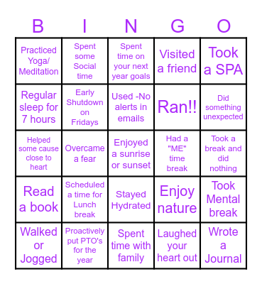 Well-Being Bingo Card