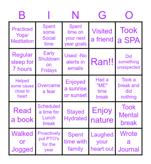 Well-Being Bingo Card