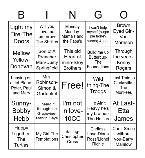 Mellow 60's and 70's Bingo Card